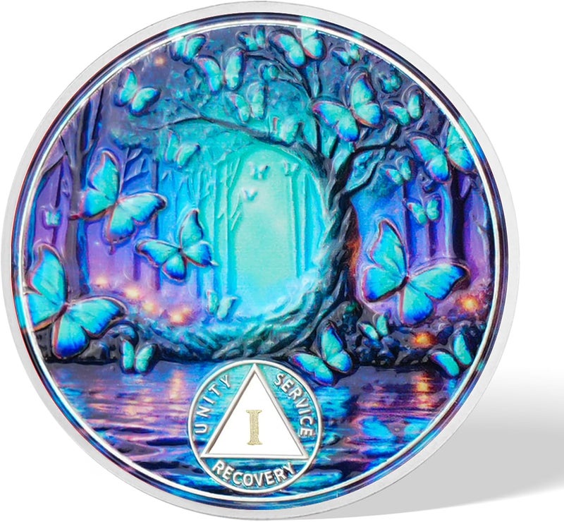 deDecoml Serenity Prayer Recovery Coin Butterfly Tree Design with Unity, Service, and Recovery Triangles Challenge Coin Sobriety Sober Coin NA AA Chips and Medallions (Blue Butterfly Tree, 1 Year) - Image 2